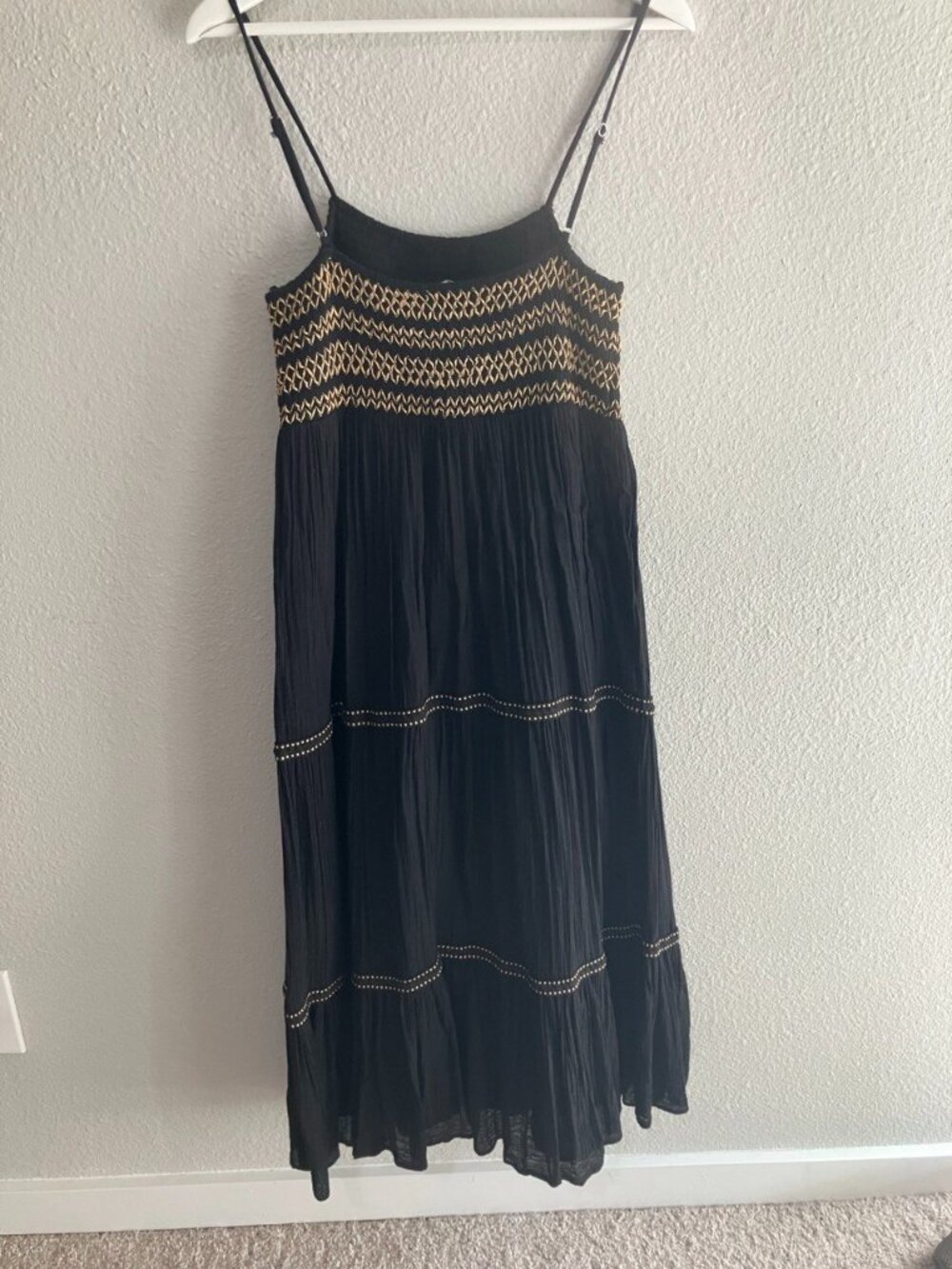 Zara 100% Cotton Black Tiered Tribal Pattern Midi Dress, S